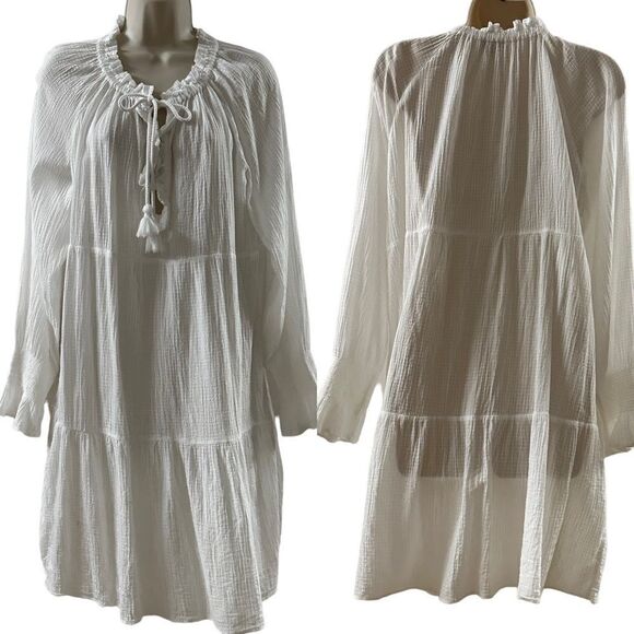 J. Crew ~ White sheer dress ~ tassel ties ~ smocking detail on sleeves ~ size L - Picture 1 of 13